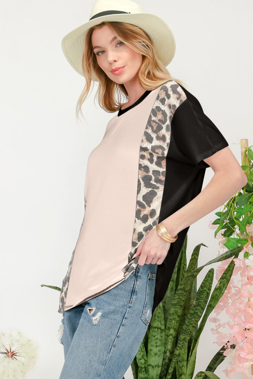 Celeste Full Size Leopard Color Block T-Shirt