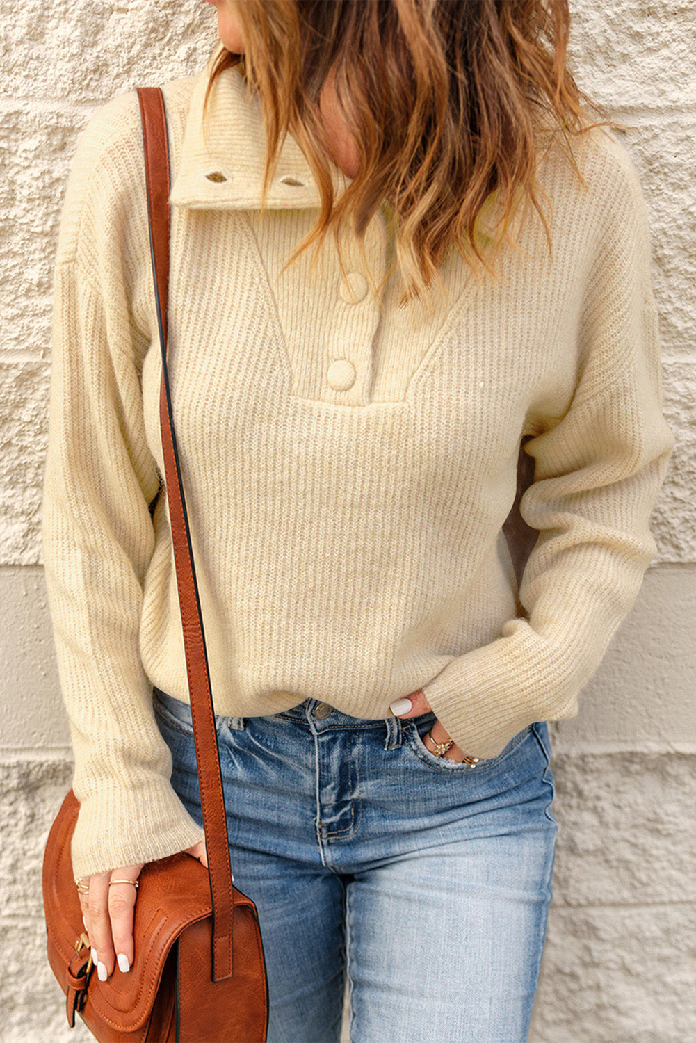 Double Take Half Button Dropped Shoulder Ribbed Sweater