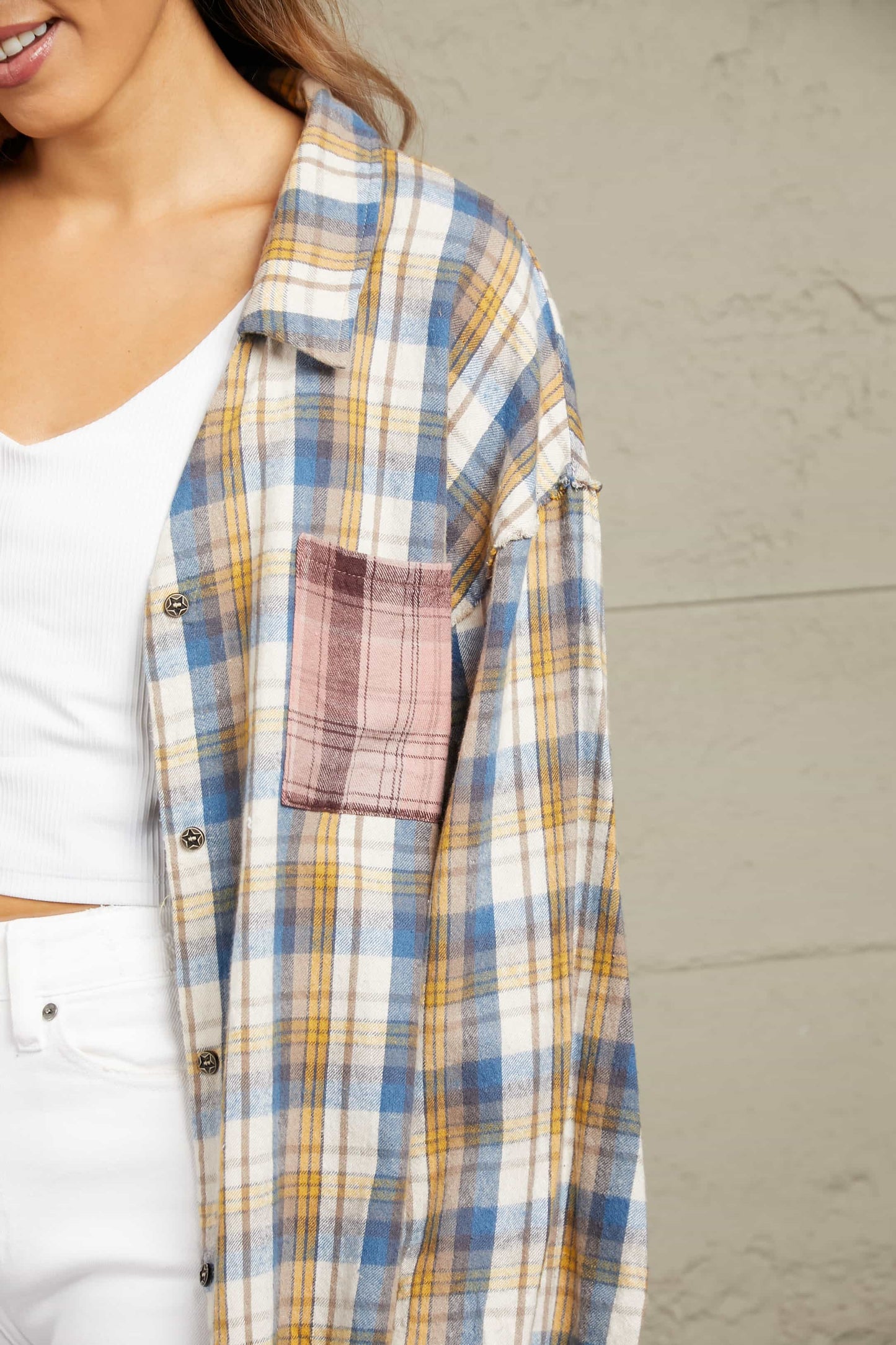 Double Take Plaid Raw Hem Dropped Shoulder Johnny Collar Shirt