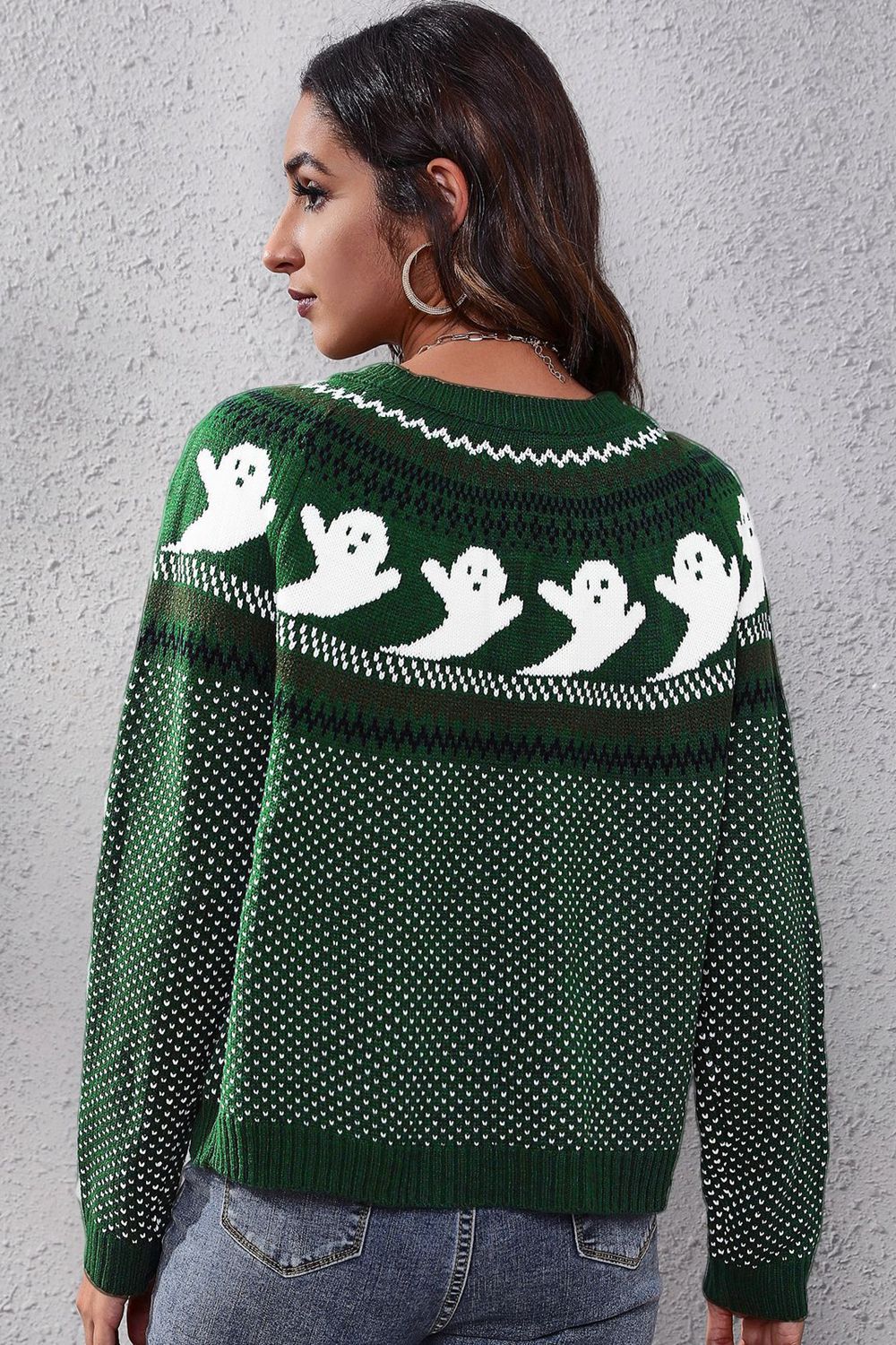 Ghost Pattern Round Neck Long Sleeve Sweater