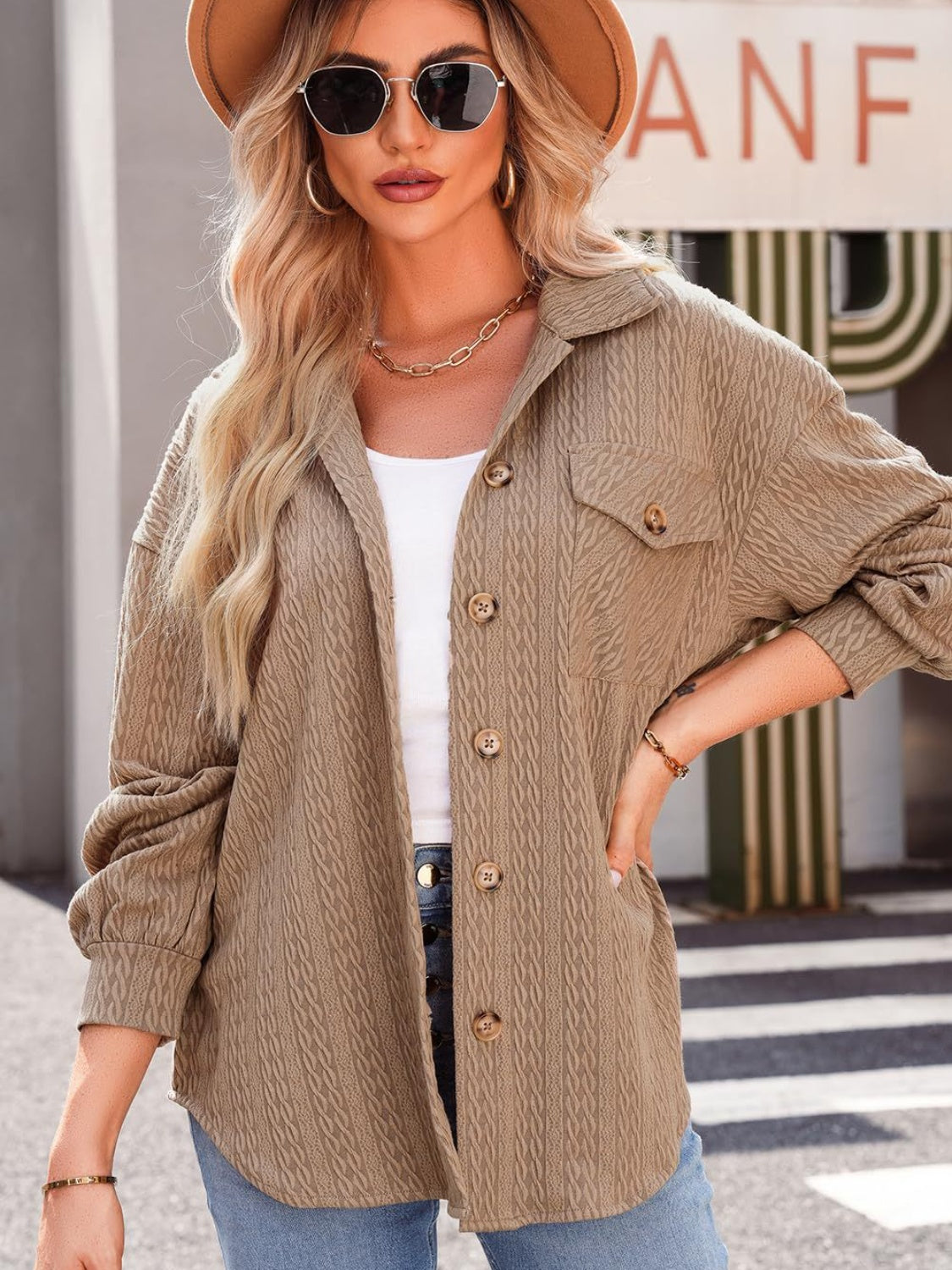 Textured Button Up Long Sleeve Shacket