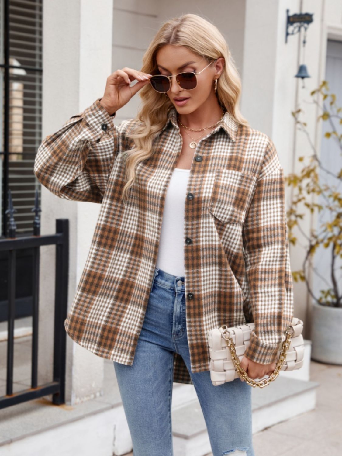 Pocketed Plaid Collared Neck Long Sleeve Shirt