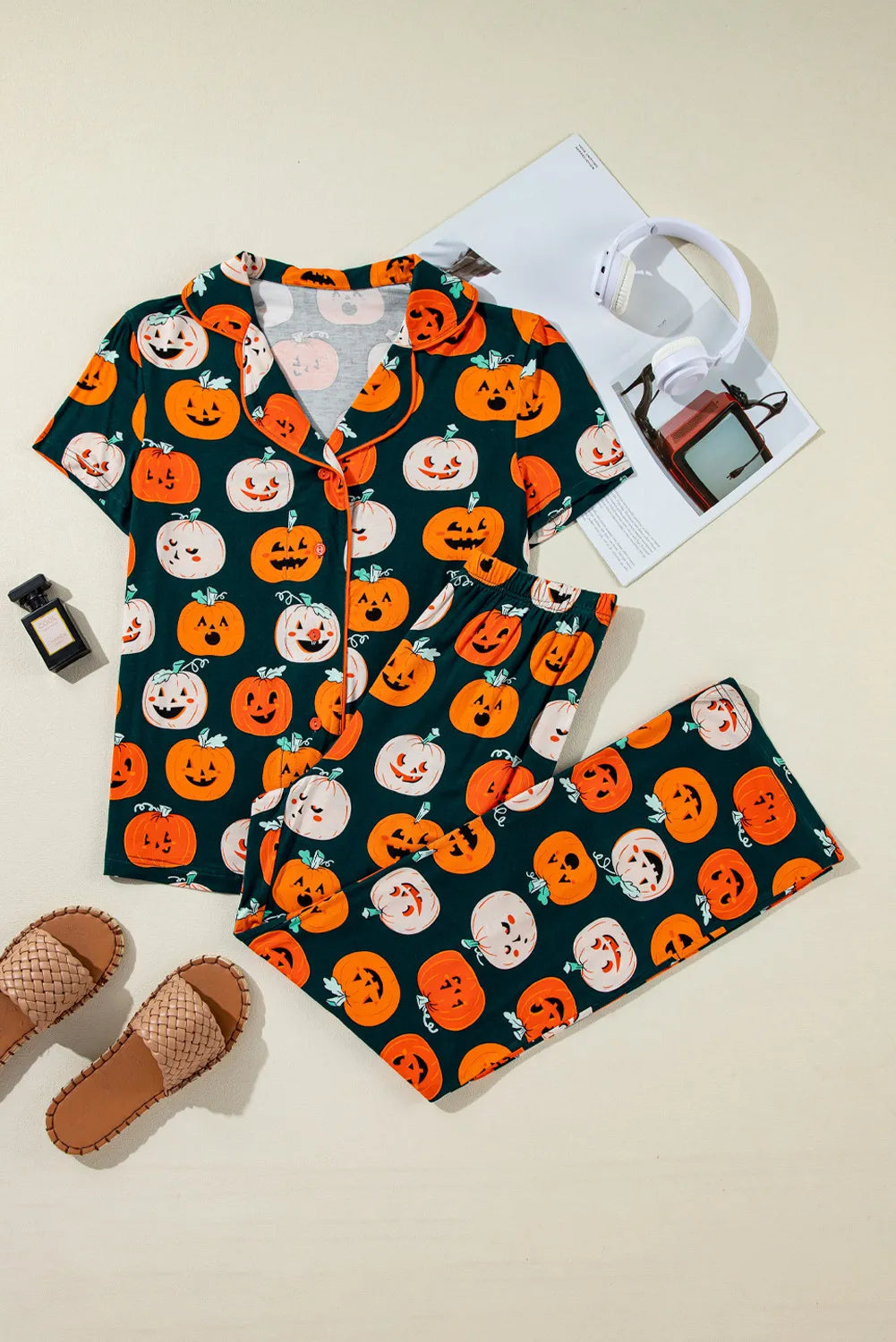 Pumpkin Printed Short Sleeve Top and Pants Lounge Set