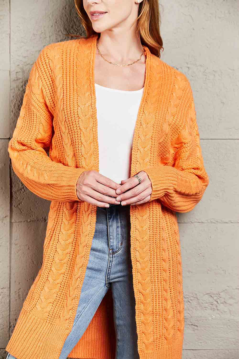 Double Take Cable-Knit Open Front Sweater Cardigan