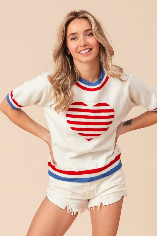 BiBi US Flag Theme Striped Heart Sweater