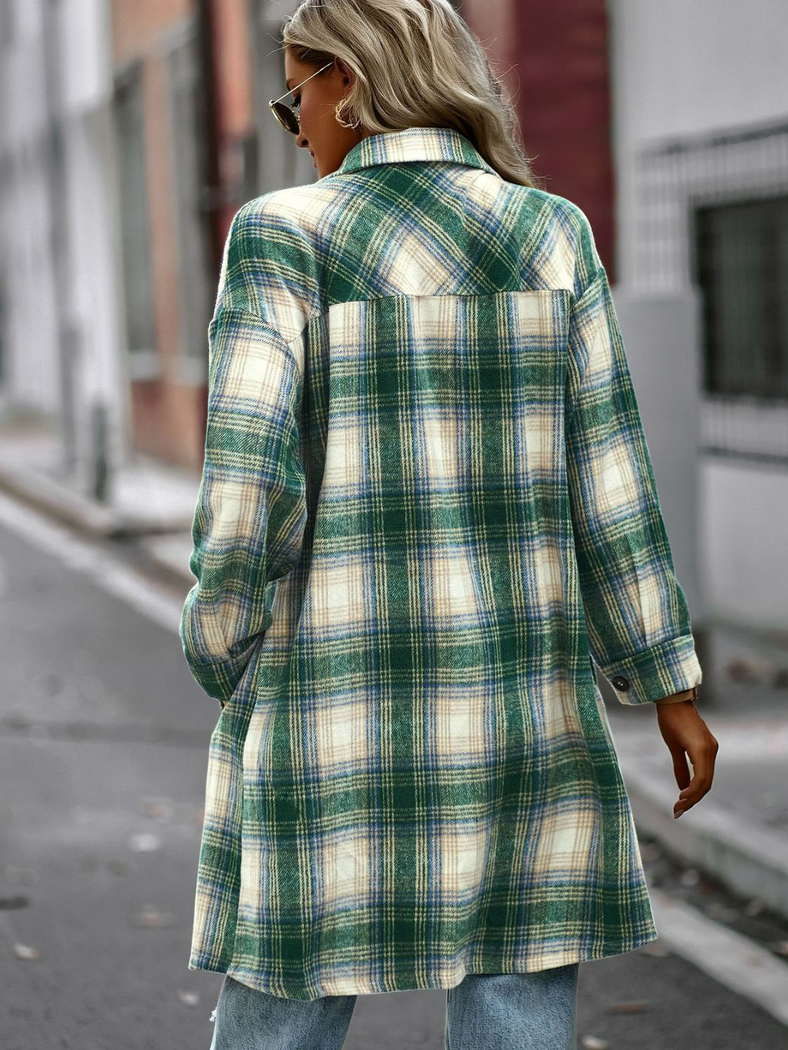 Plaid Button-Up Longline Jacket with Pockets