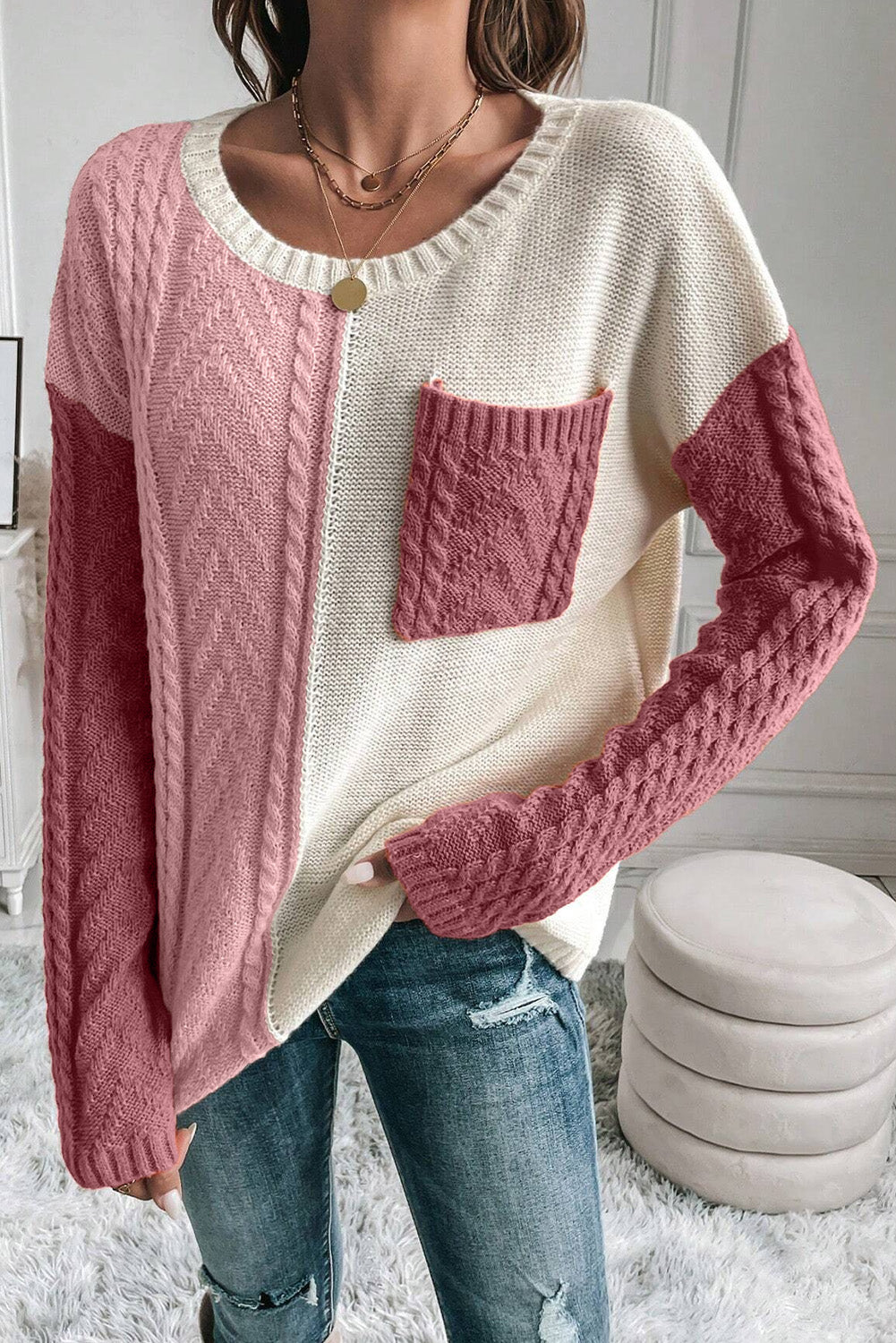 Color Block Round Neck Long Sleeve Sweater