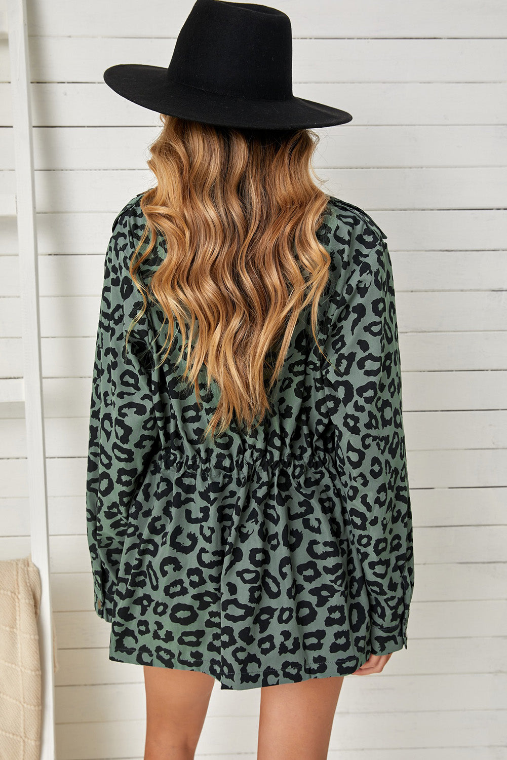 Double Take Leopard Drawstring Waist Jacket with Pockets