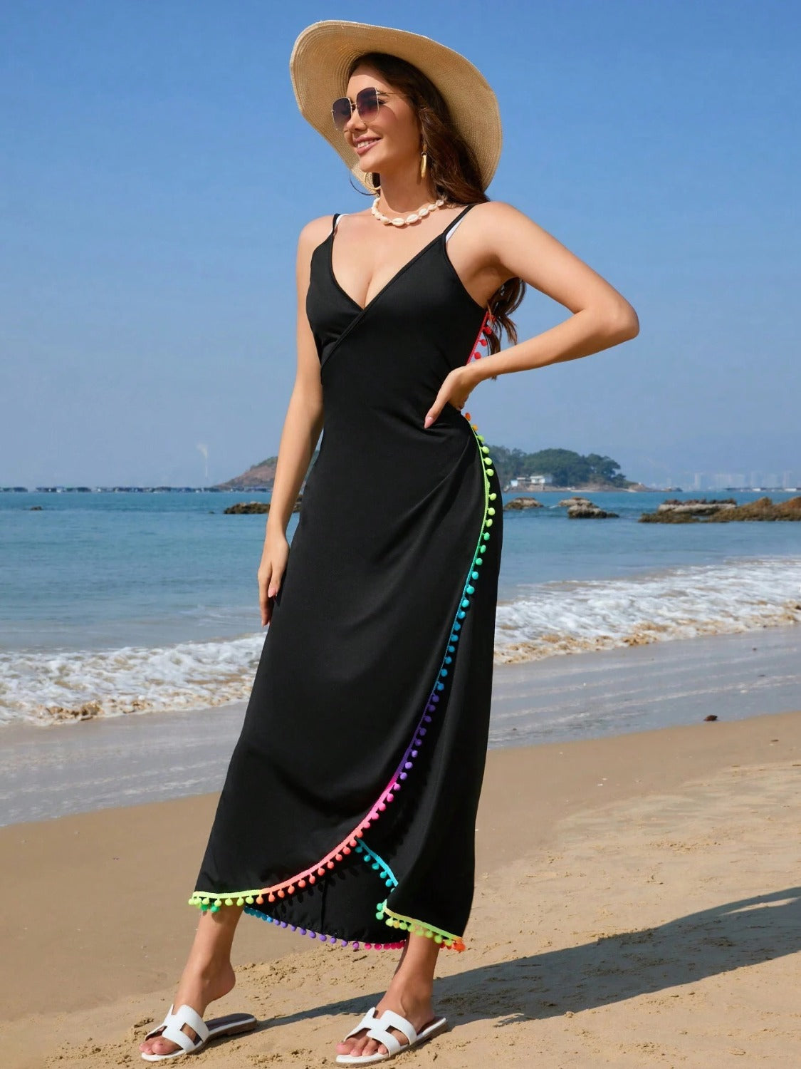 Rainbow Pompom Trim Spaghetti Strap Cover-Up