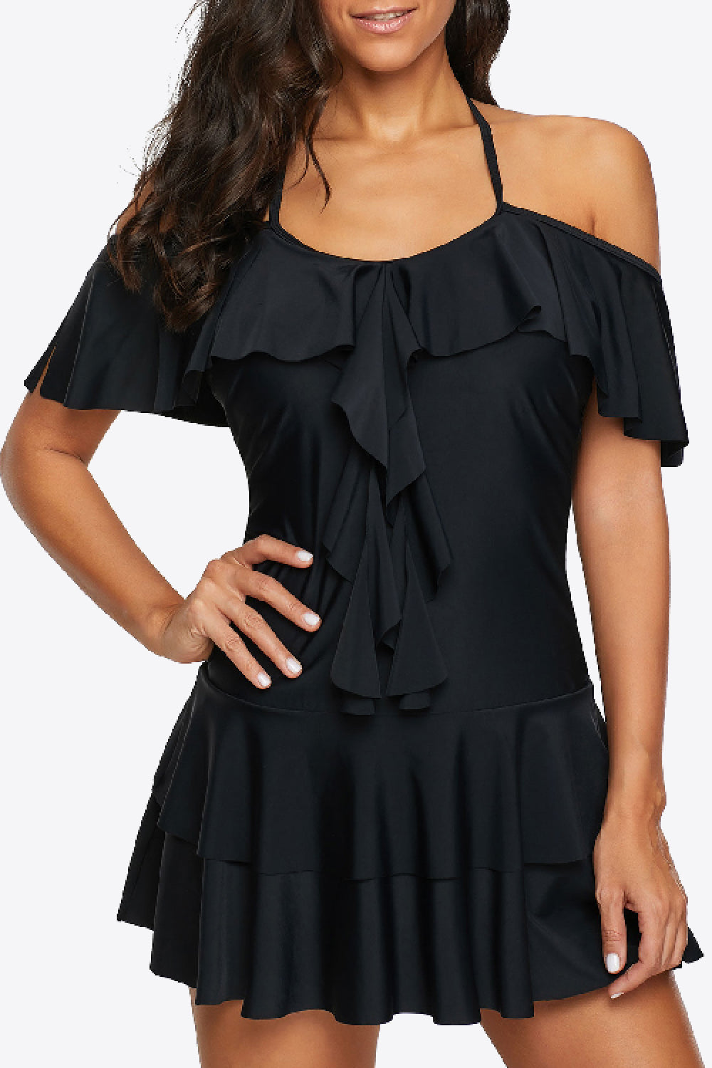 Ruffled Cold-Shoulder Two-Piece Swimsuit