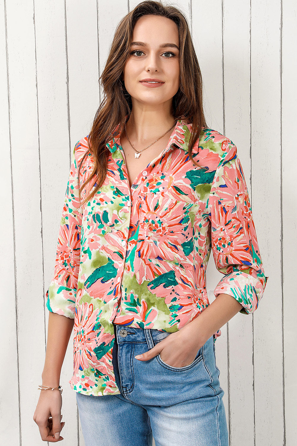 Double Take Floral Long Sleeve Collared Shirt