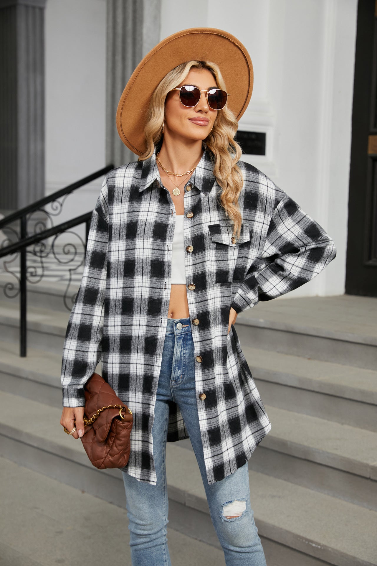 Plaid Collared Neck Long Sleeve Shirt