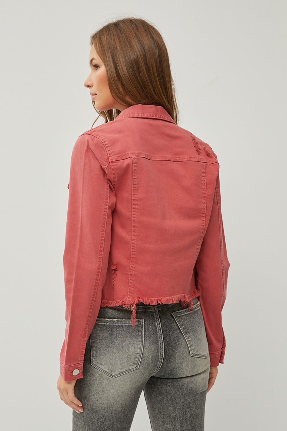 RISEN Raw Hem Button Up Cropped Denim Jacket