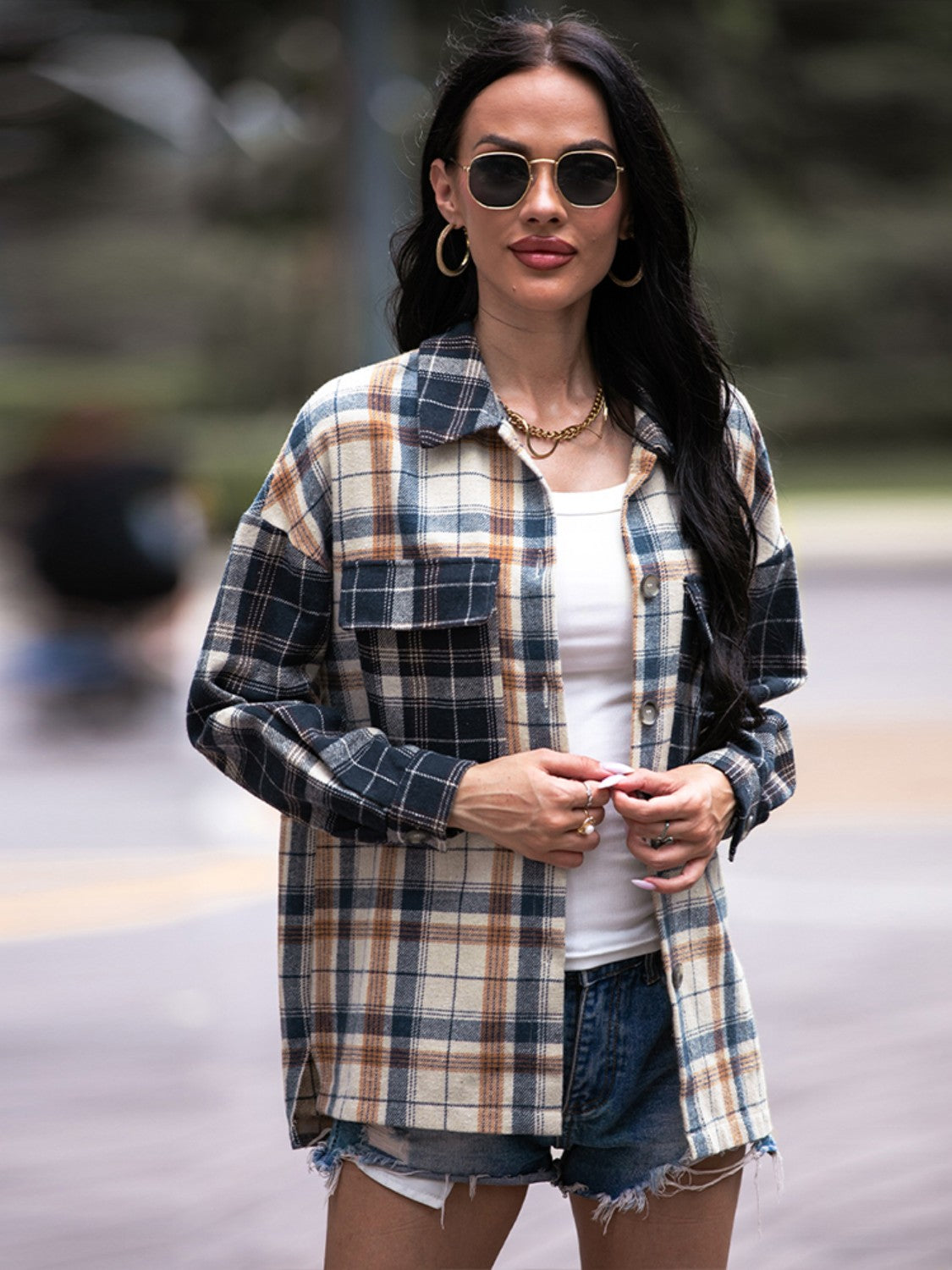 Shiny Plaid Dropped Shoulder Shacket