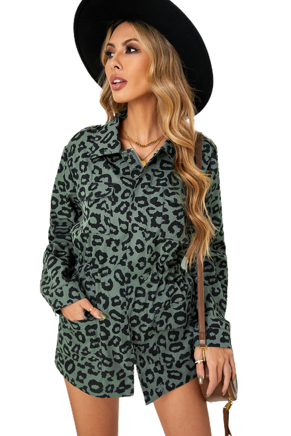 Double Take Leopard Drawstring Waist Jacket with Pockets