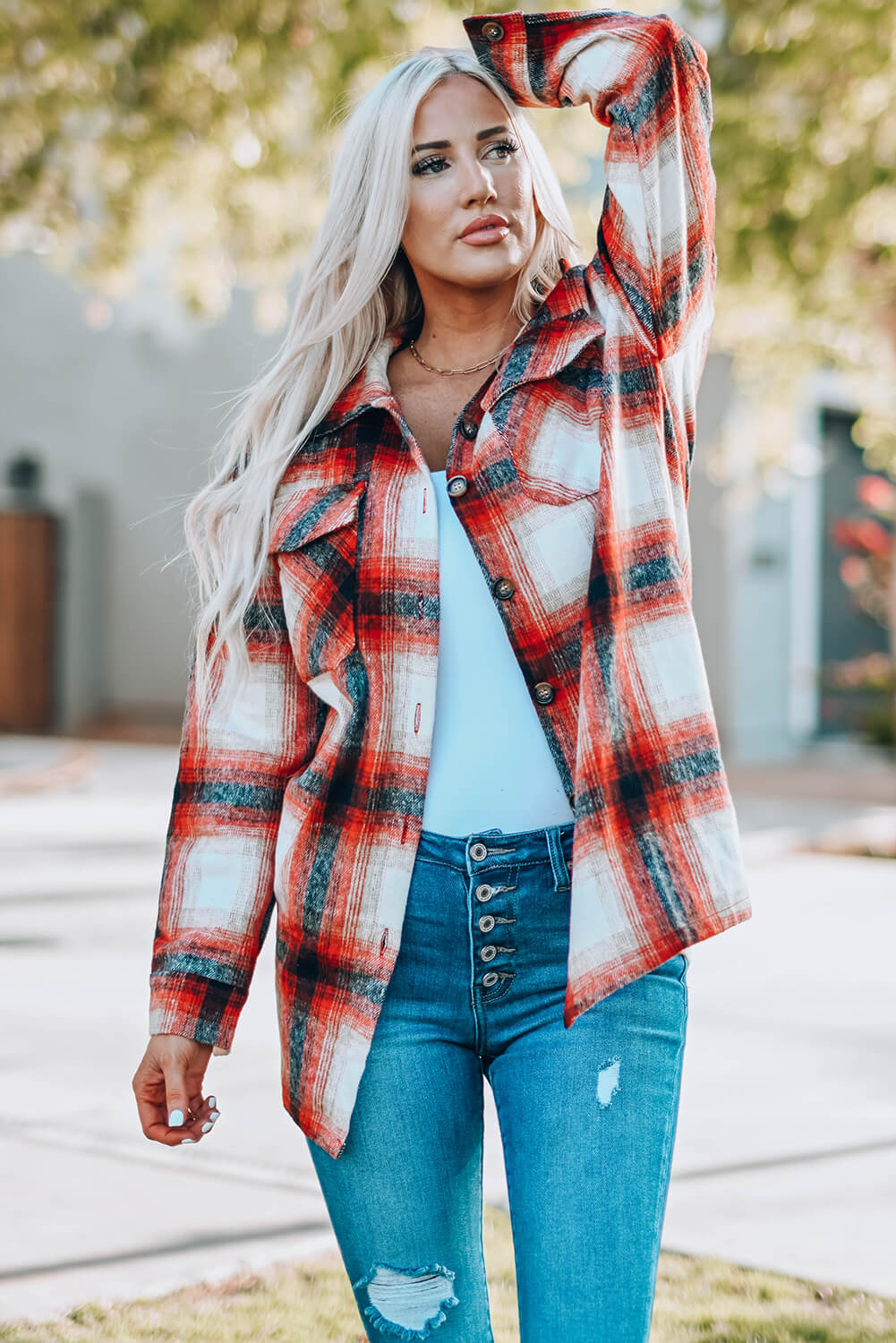 Double Take Plaid Button Up Shirt Jacket with Pockets