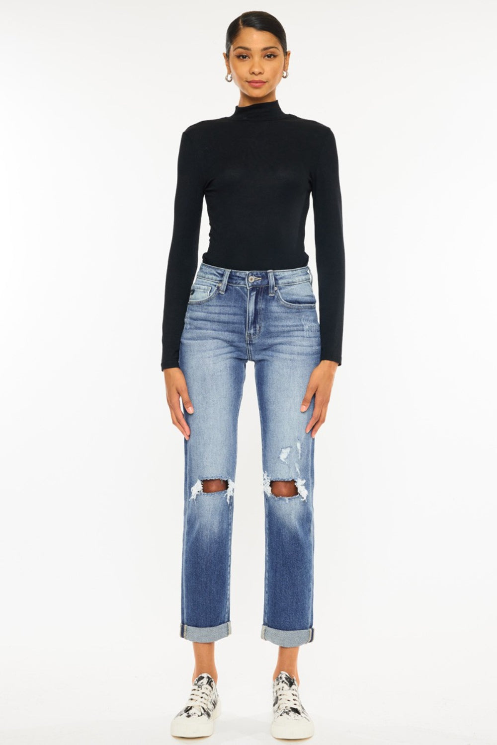 Kancan High Waist Distressed Hem Detail Cropped Straight Jeans