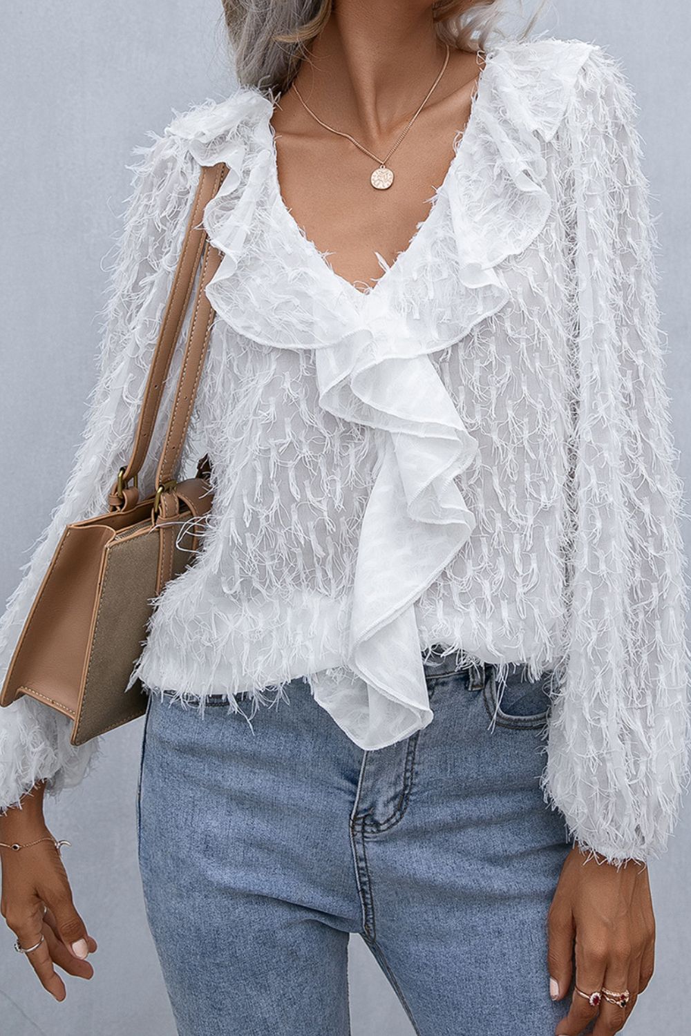 Ruffle Hem Fringe V-Neck Balloon Sleeve Blouse