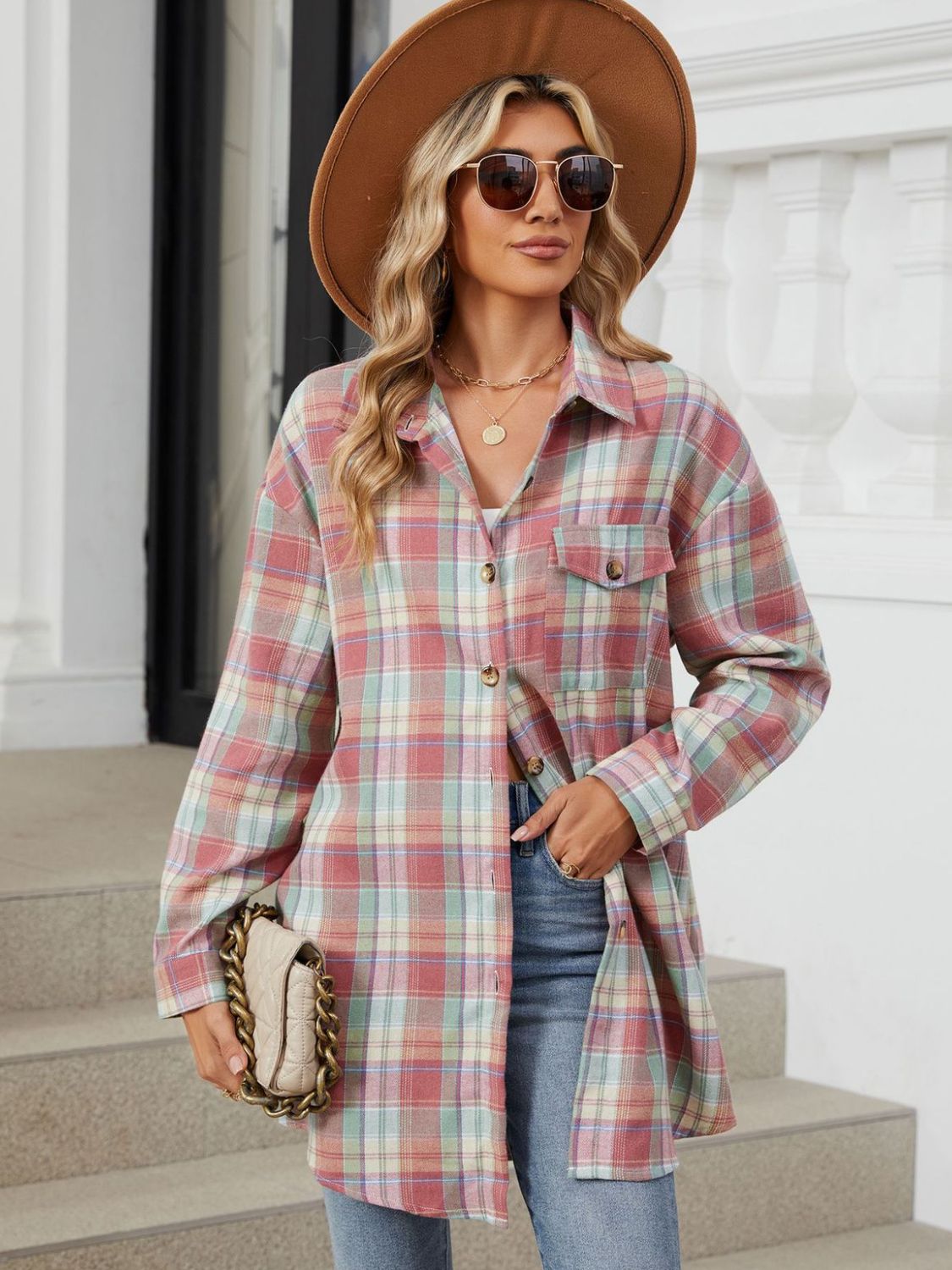 Plaid Collared Neck Long Sleeve Shirt