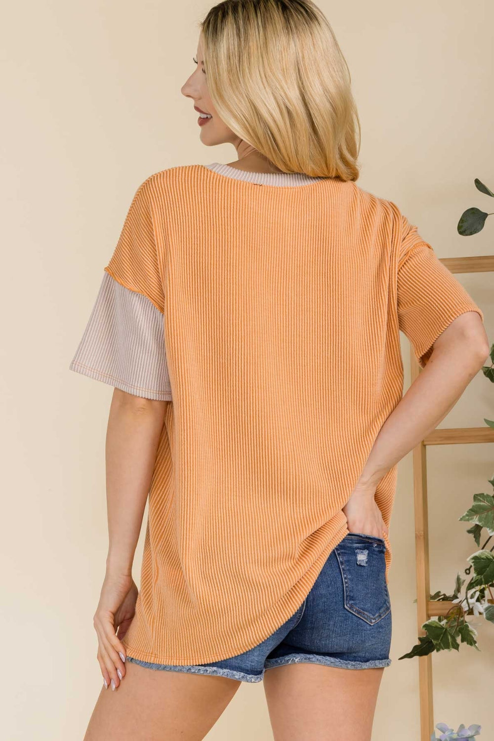 Celeste Full Size Ribbed Color Block Short Sleeve T-Shirt