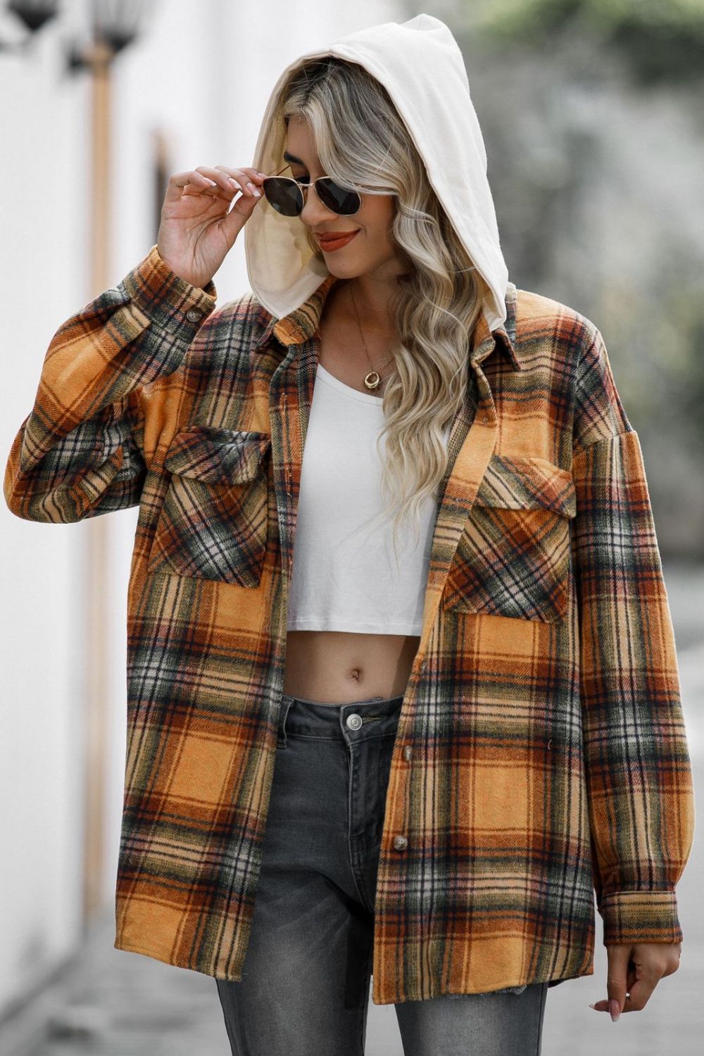 Drawstring Plaid Long Sleeve Hooded Shacket