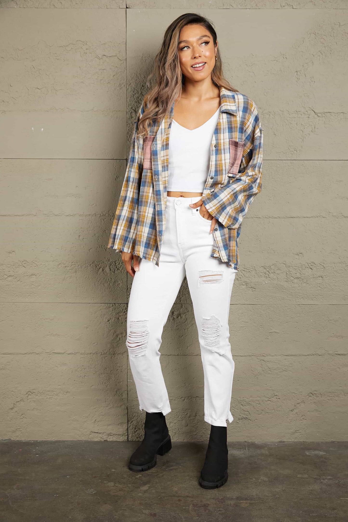 Double Take Plaid Raw Hem Dropped Shoulder Johnny Collar Shirt