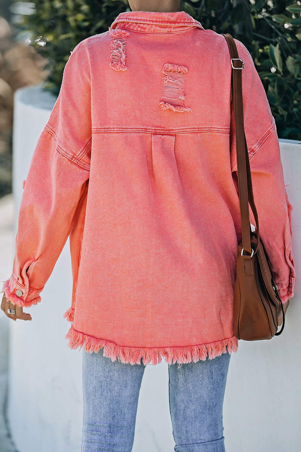 Double Take Distressed Fringe Trim Button Up Jacket