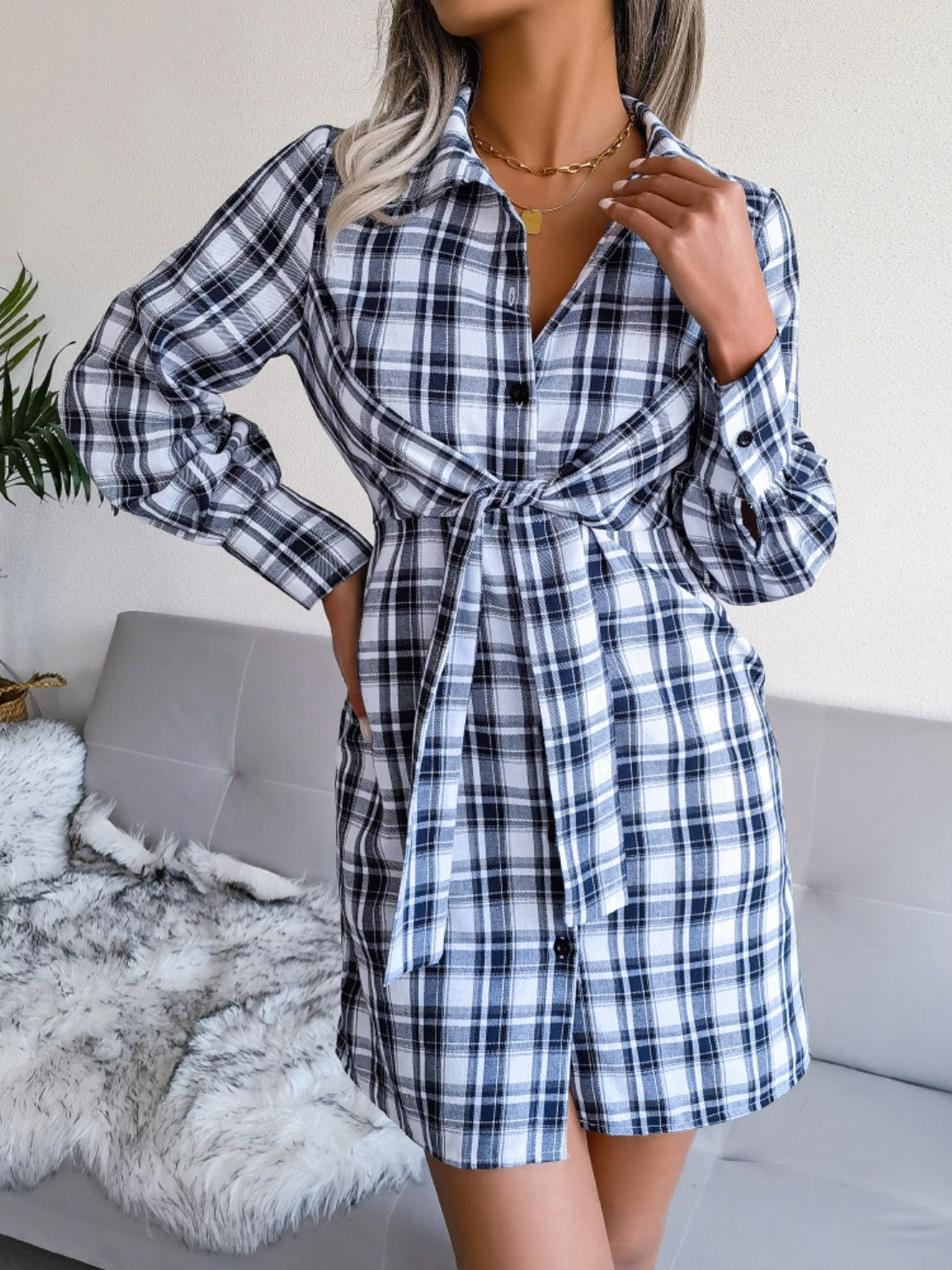 Tied Plaid Long Sleeve Mini Shirt Dress