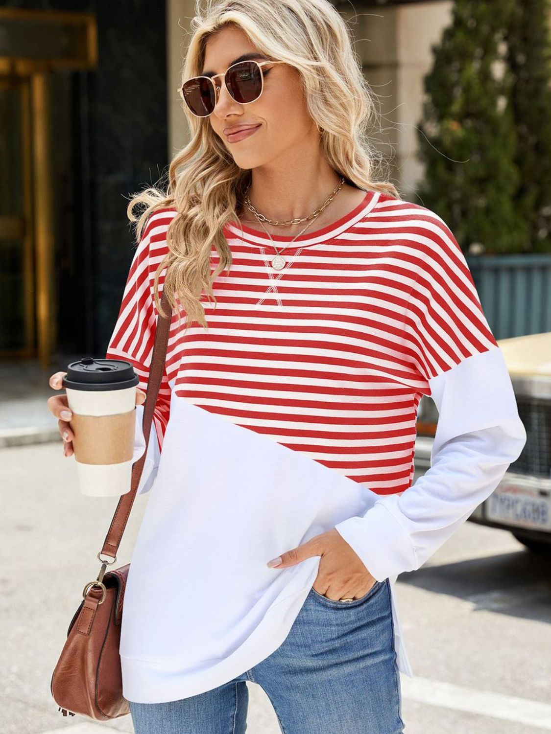 Slit Contrast Striped Long Sleeve Sweatshirt