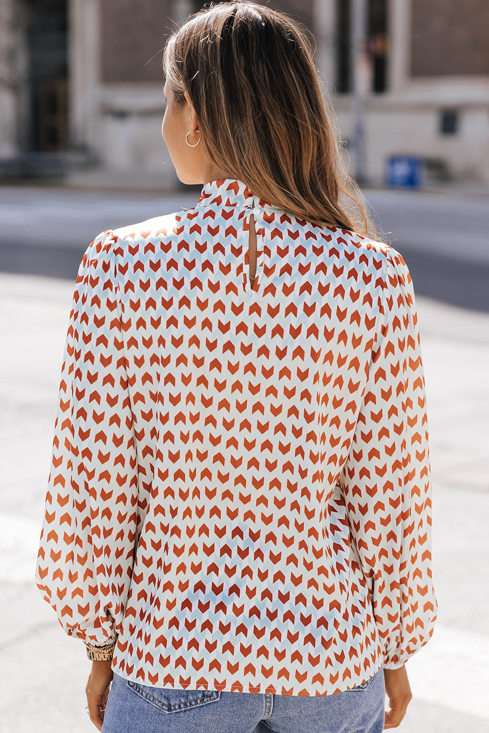 Double Take Printed Tie Neck Long Sleeve Blouse