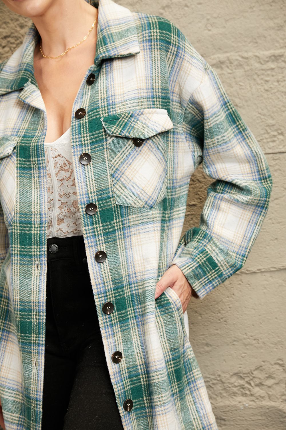 Plaid Button-Up Longline Jacket with Pockets