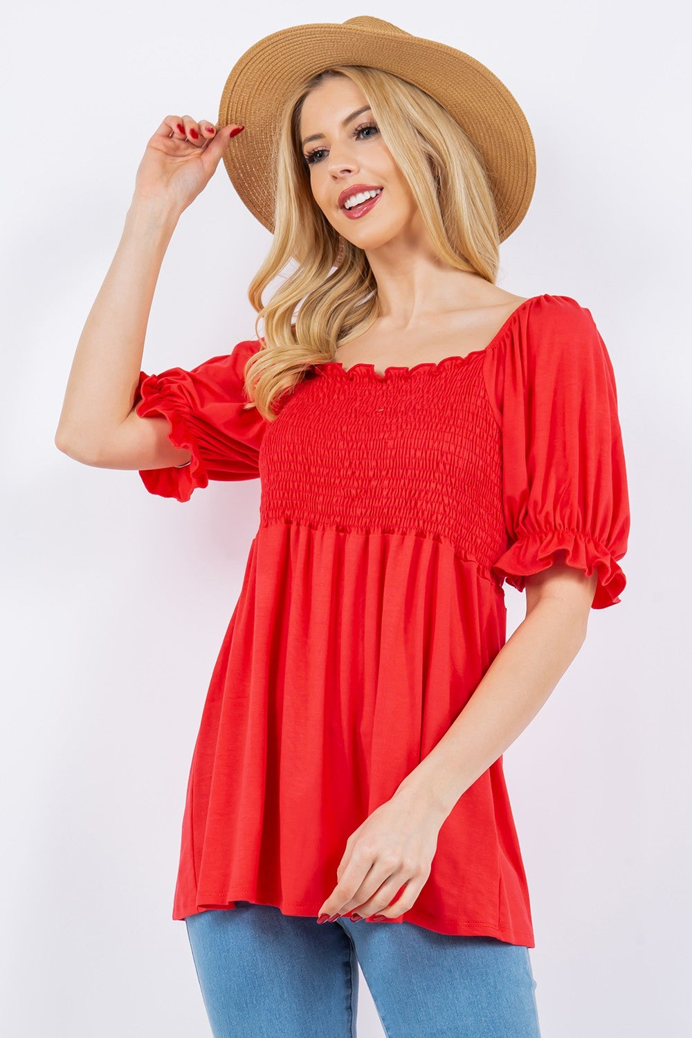 Celeste Full Size Ruffled Short Sleeve Smocked Blouse