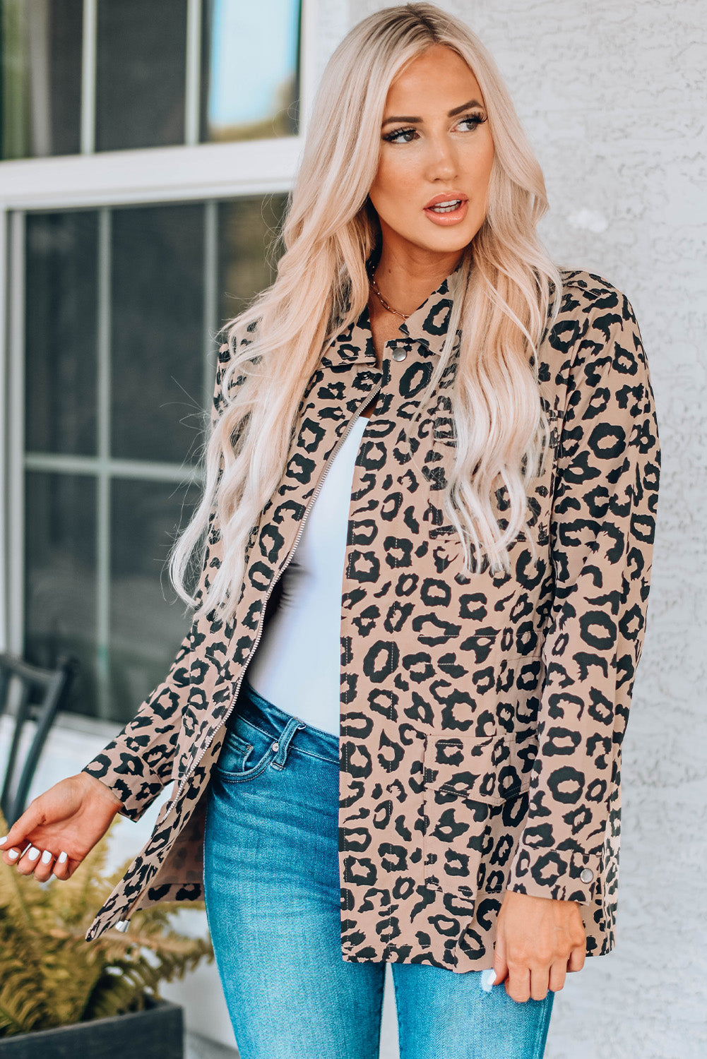 Double Take Leopard Drawstring Waist Jacket with Pockets