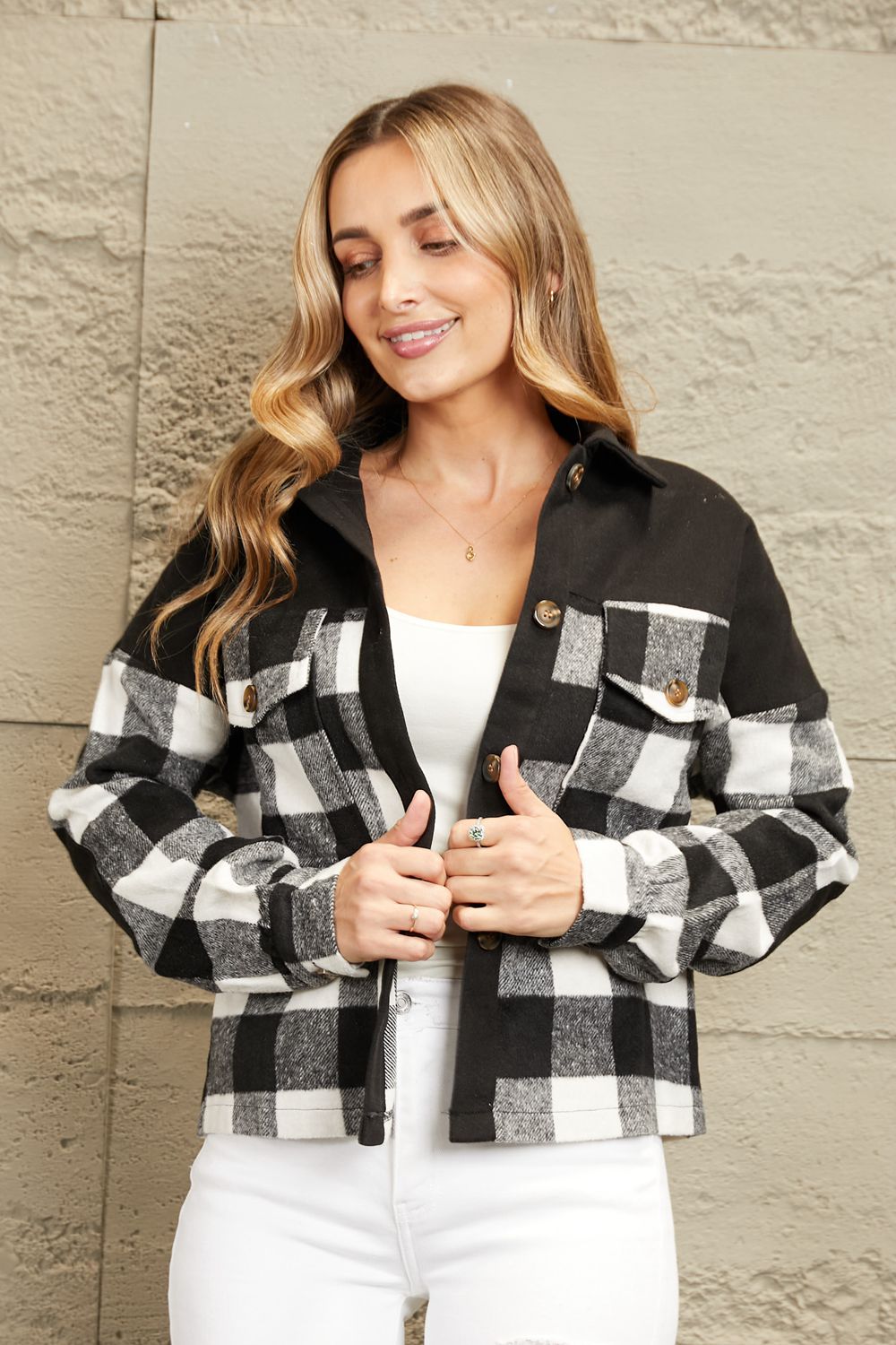 Double Take Plaid Button-Up Shirt Jacket with Pockets