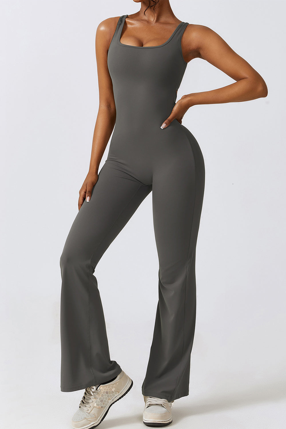 Basic Bae Cutout Ruched Bootcut Sleeveless Active Jumpsuit