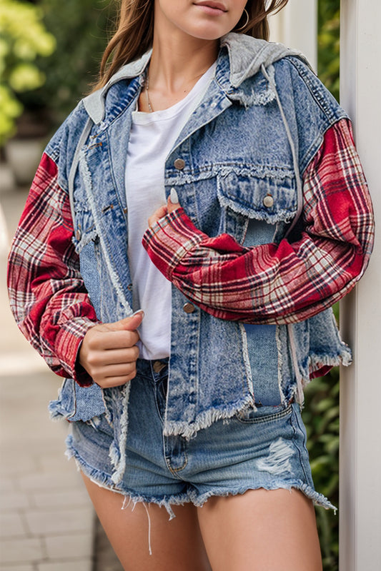 Raw Hem Drawstring Plaid Denim Jacket