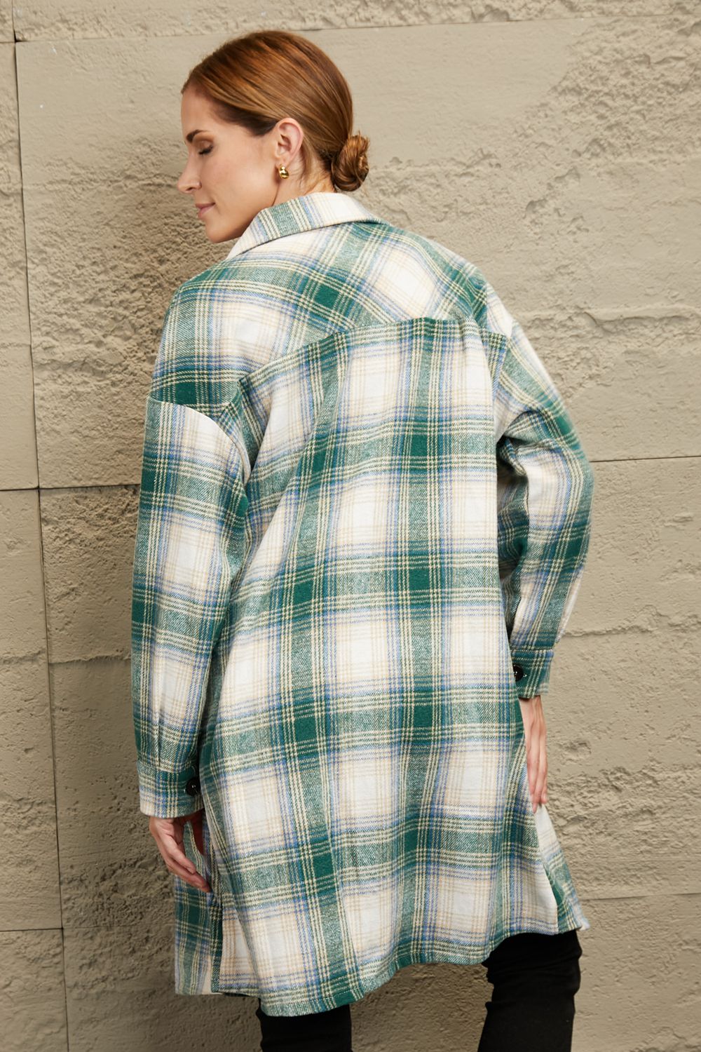 Plaid Button-Up Longline Jacket with Pockets