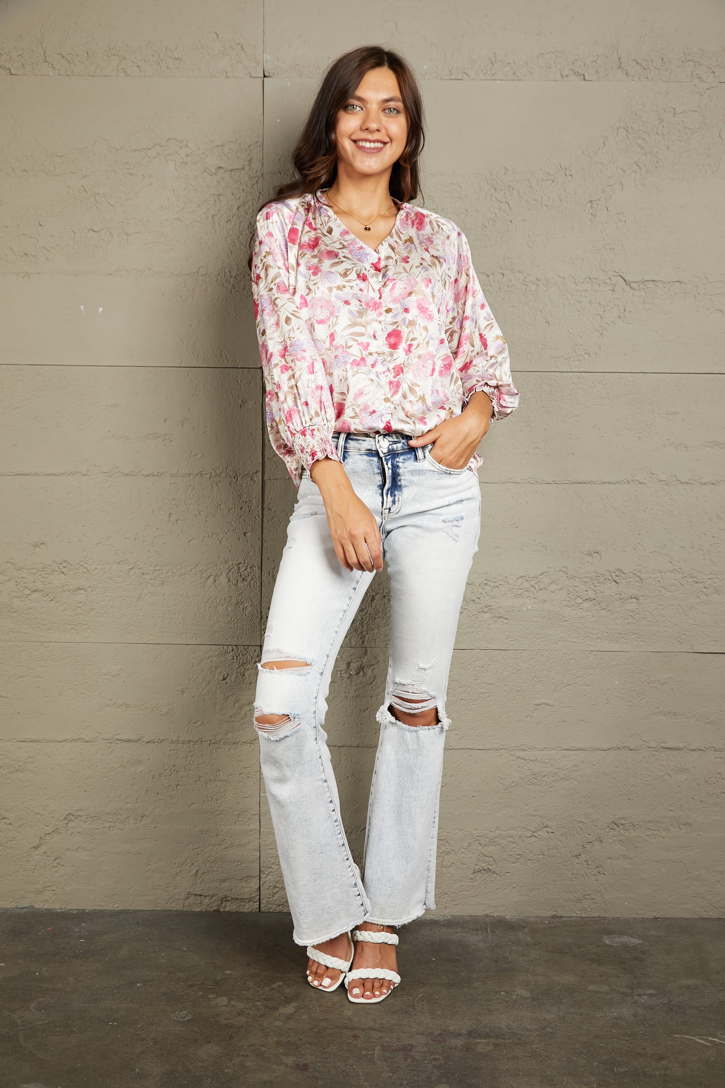 Double Take Floral V-Neck Long Sleeve Shirt