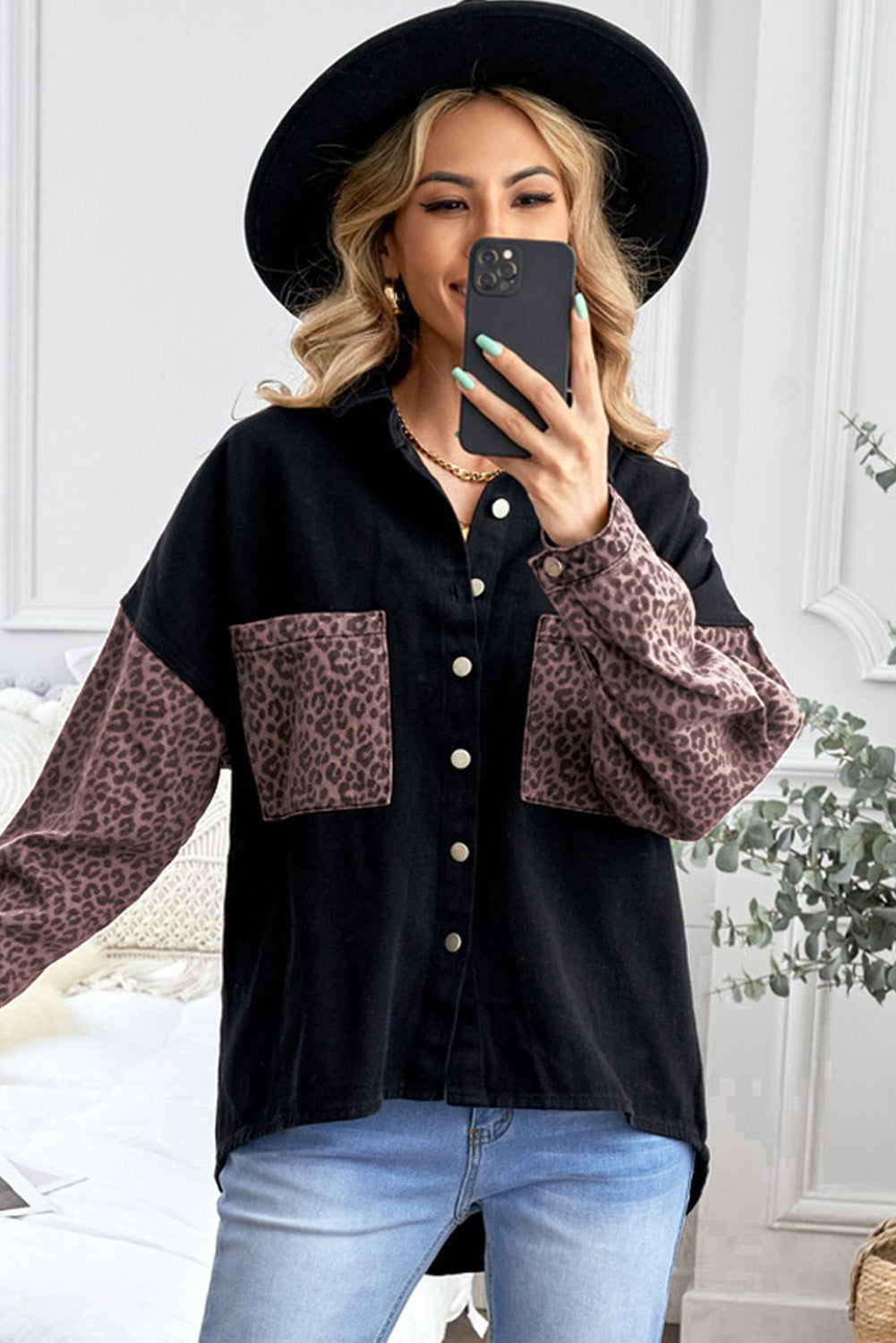 Double Take Leopard Contrast Denim Top