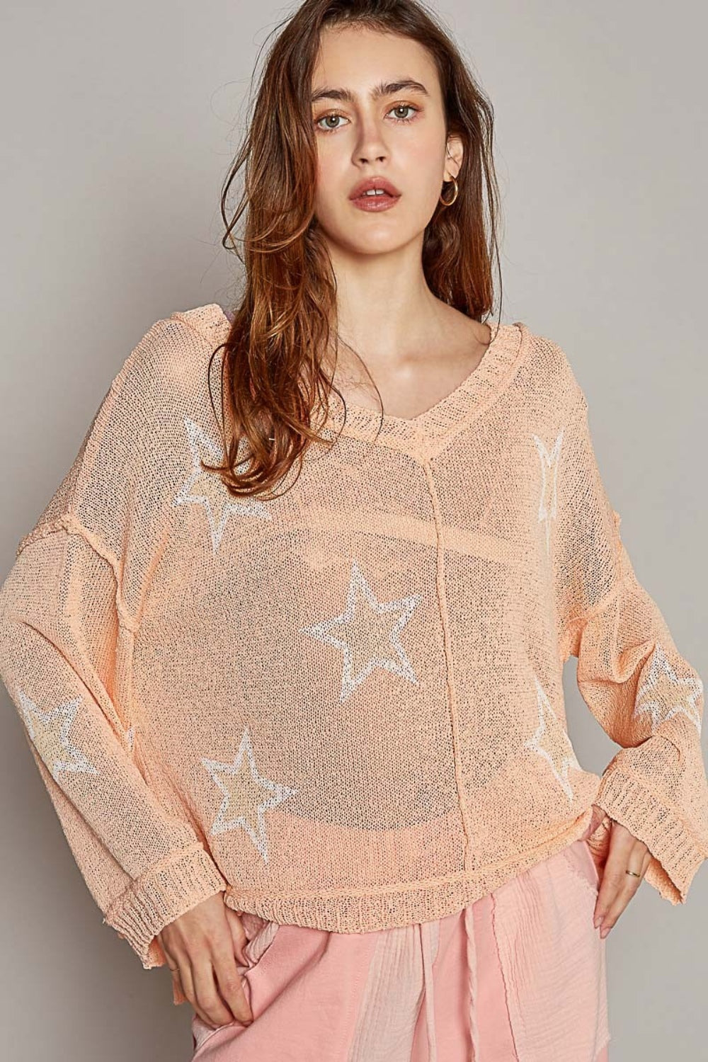 POL V-Neck Long Sleeve Star Print Knit Top