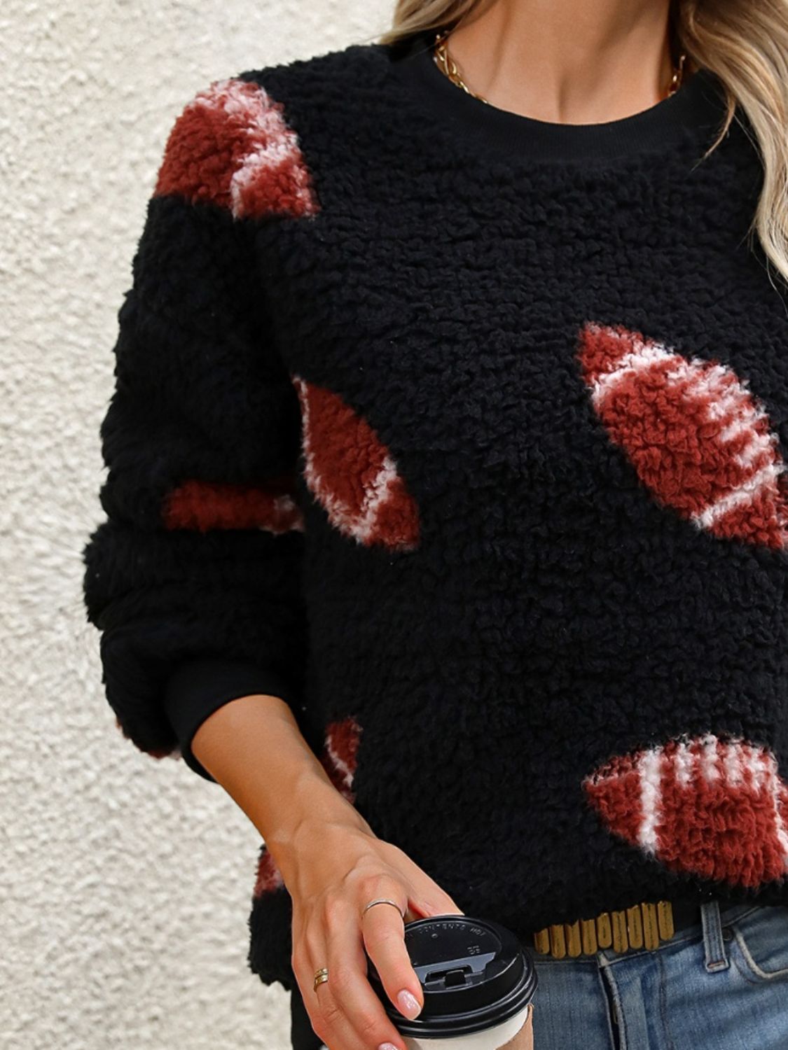 Fuzzy Football Round Neck Dropped Shoulder Sweater