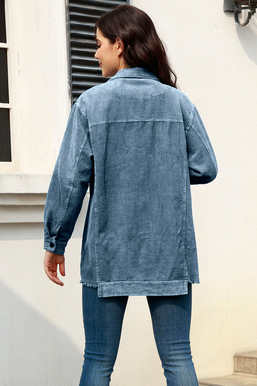 MeiMei Button Up Raw Hem Long Sleeve Shacket