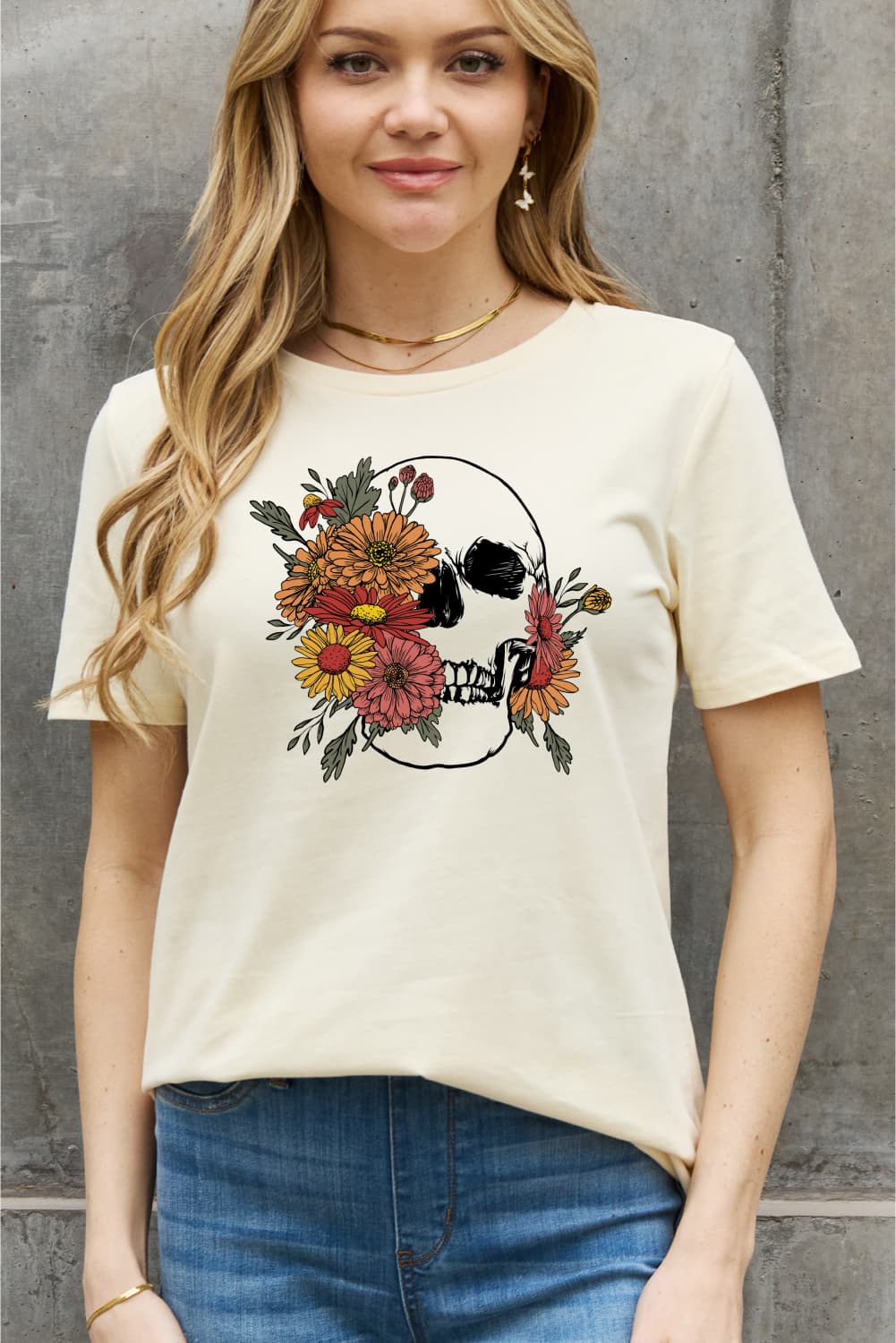 Simply Love Full Size Flower Skull Graphic Cotton Tee