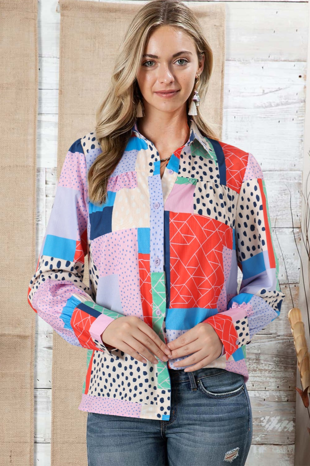 Double Take Patchwork Puff Sleeve Collared Shirt