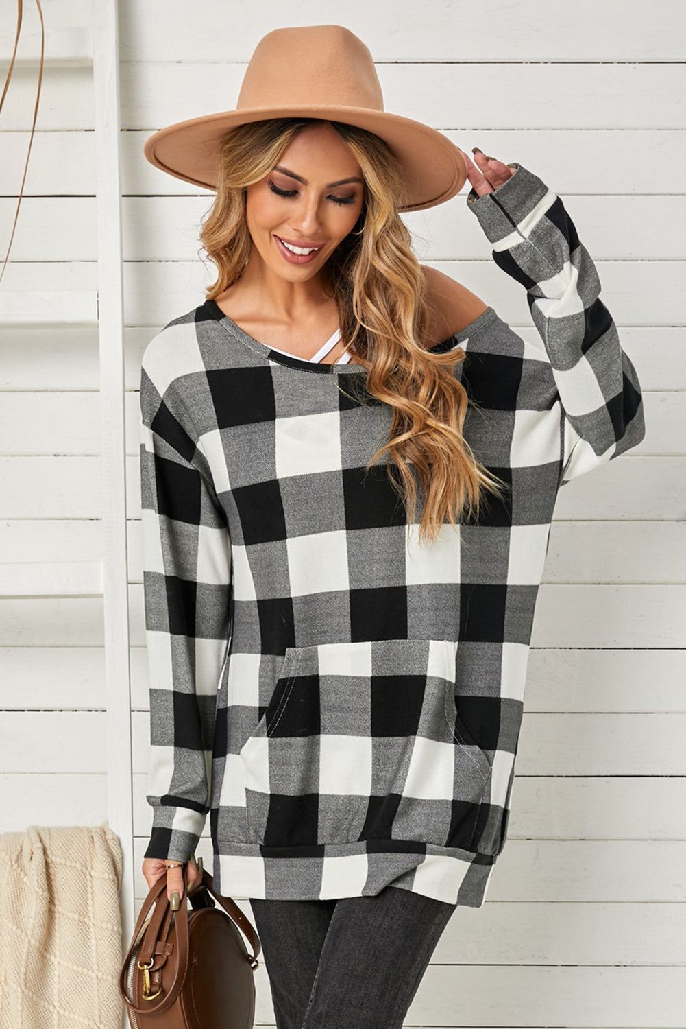 Double Take Plaid Long Sleeve Tunic Sweatshirt