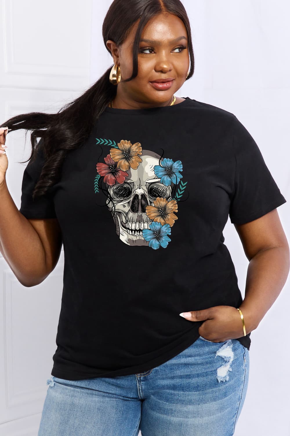 Simply Love Full Size Flower Skull Graphic Cotton Tee