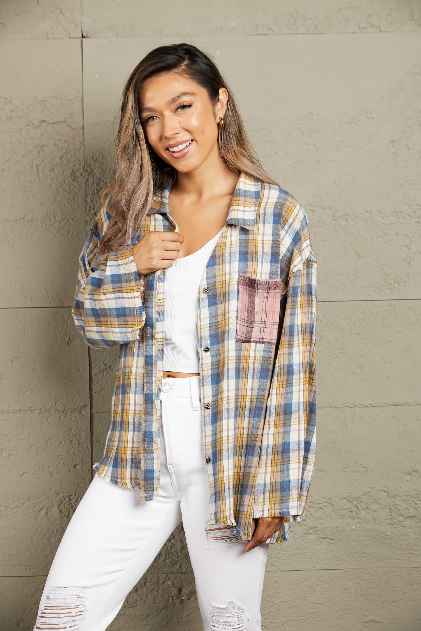 Double Take Plaid Raw Hem Dropped Shoulder Johnny Collar Shirt