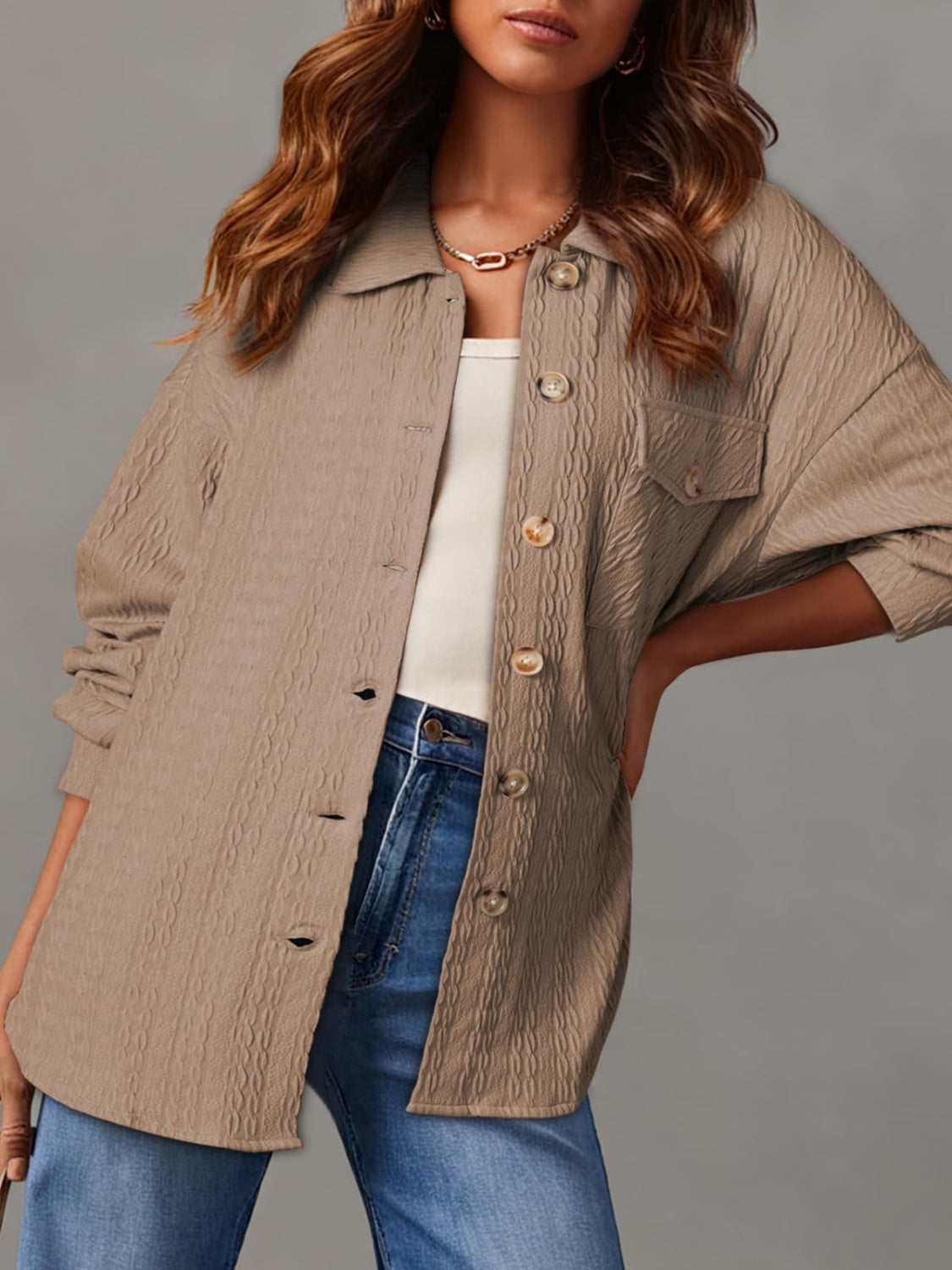 Textured Button Up Long Sleeve Shacket