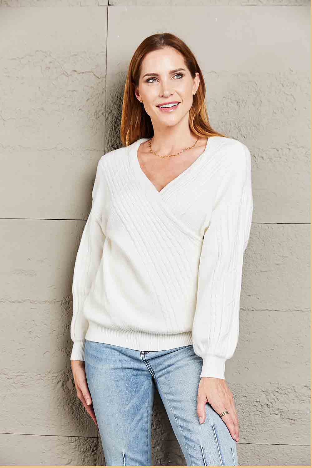 Double Take Ribbed Puff Sleeve Surplice Sweater