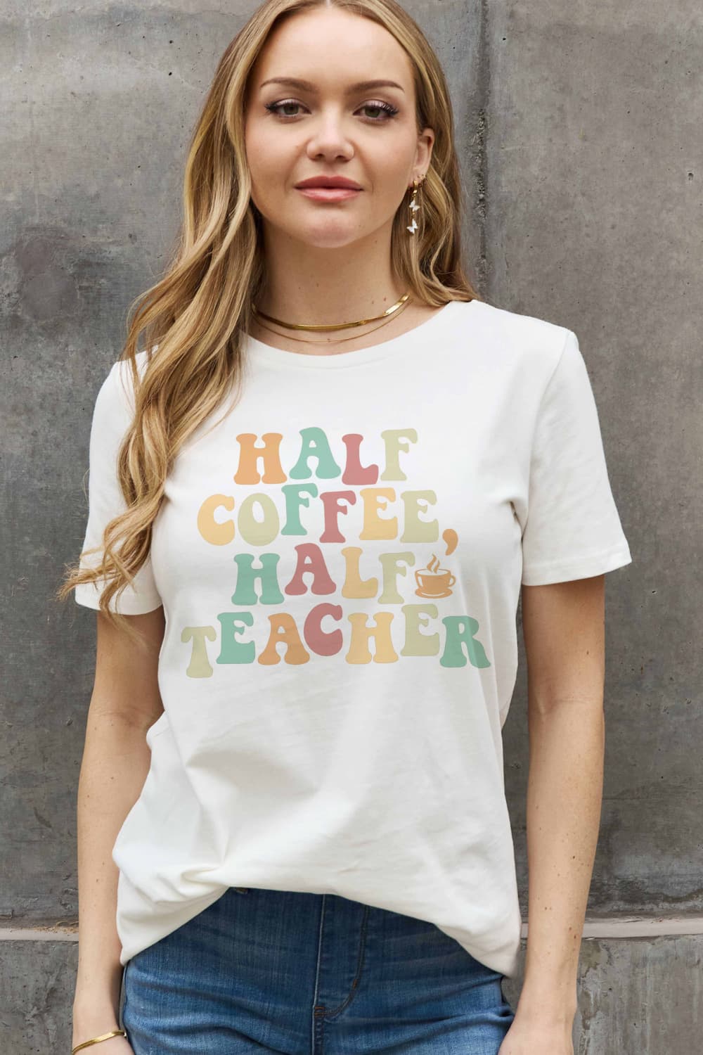 Simply Love Full Size HALF COFFEE HALF TEACHER Graphic Cotton Tee